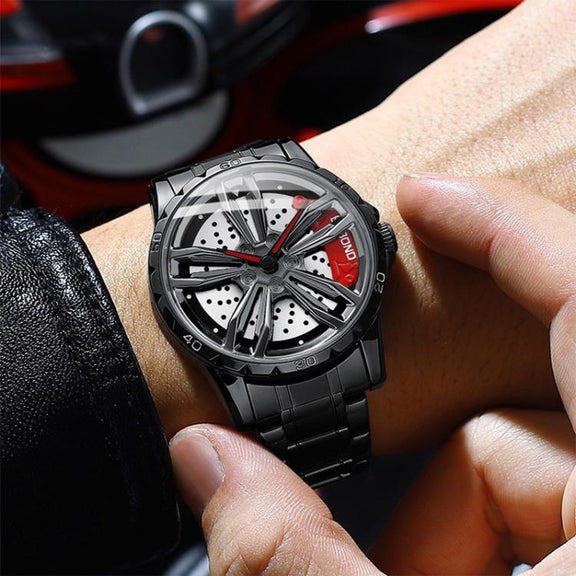 BINBOND D001 3D Hollow Motorcycle Rotating Wheel Watch, Color: Black Leather-White Steel-Red