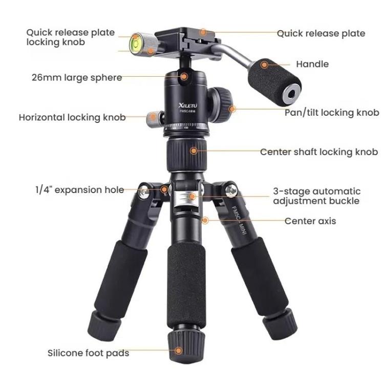 XILETU FM5C-MINI Adjustable 16.5-51cm Aluminum Tripod with 26mm Ball Head 6kg Load Capacity for 360-degree Panoramic Shooting - free shipping - PMC TechLife - Order now!