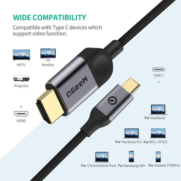QGeeM USB-C/Type-C To HDMI Cable 4K 30Hz For Screen Mirroring & Extended Display, Cable Length: 1.8m