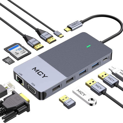 MCY 12-In-1 USB-C Hub With Triple Monitor Support (1000Mbps Lan+VGA+USB3.0/USB2.0+SD/TF+2 HDMI 4K 30Hz+85W PD） - free shipping - PMC Jewellery - Order now!