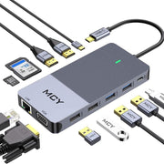 MCY 12-In-1 USB-C Hub With Triple Monitor Support (1000Mbps Lan+VGA+USB3.0/USB2.0+SD/TF+2 HDMI 4K 30Hz+85W PD���