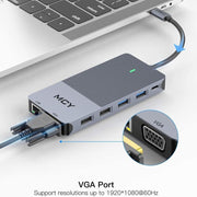 MCY 12-In-1 USB-C Hub With Triple Monitor Support (1000Mbps Lan+VGA+USB3.0/USB2.0+SD/TF+2 HDMI 4K 30Hz+85W PD���