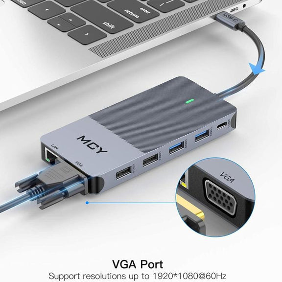 MCY 12-In-1 USB-C Hub With Triple Monitor Support (1000Mbps Lan+VGA+USB3.0/USB2.0+SD/TF+2 HDMI 4K 30Hz+85W PD���