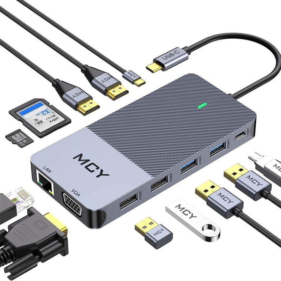 MCY 12-In-1 USB-C Hub With Triple Monitor Support (1000Mbps Lan+VGA+USB3.0/USB2.0+SD/TF+2 HDMI 4K 30Hz+85W PD���