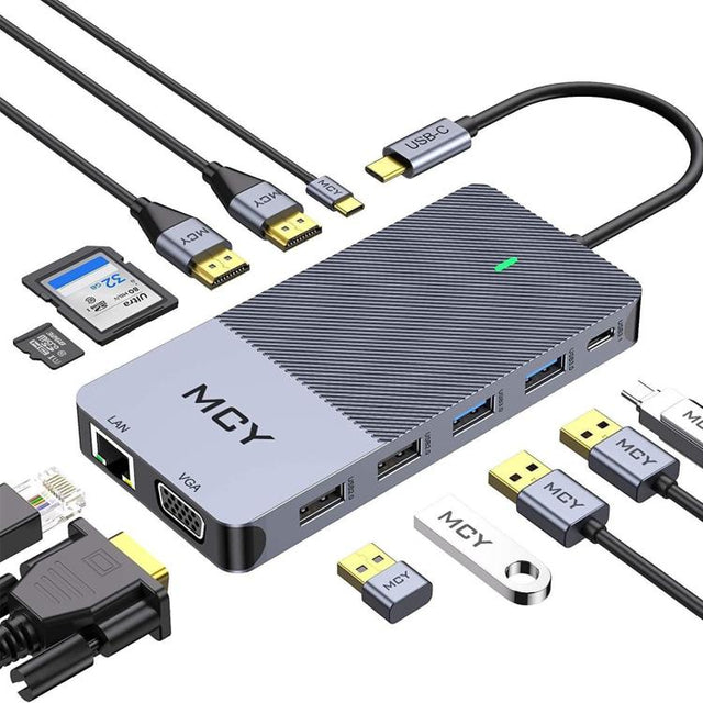 MCY 12-In-1 USB-C Hub With Triple Monitor Support (1000Mbps Lan+VGA+USB3.0/USB2.0+SD/TF+2 HDMI 4K 30Hz+85W PD���