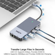MCY 12-In-1 USB-C Hub With Triple Monitor Support (1000Mbps Lan+VGA+USB3.0/USB2.0+SD/TF+2 HDMI 4K 30Hz+85W PD���