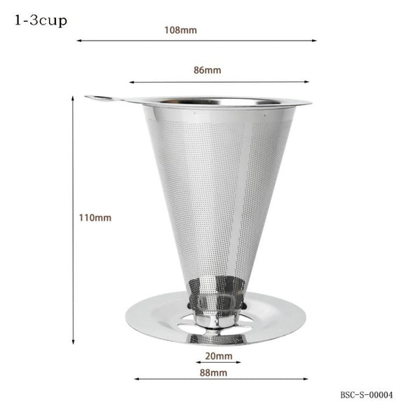 V60 Stainless Steel Coffee Filter with Base for Pour Over Brewing, Spec: 1-3 Cups  300-mesh