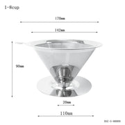 V60 Stainless Steel Coffee Filter with Base for Pour Over Brewing, Spec: 1-8 Cups 300-mesh