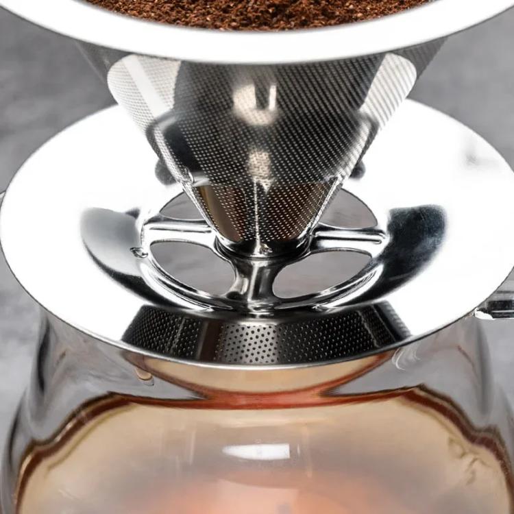 V60 Stainless Steel Coffee Filter with Base for Pour Over Brewing, Spec: 1-4 Cups 600-mesh