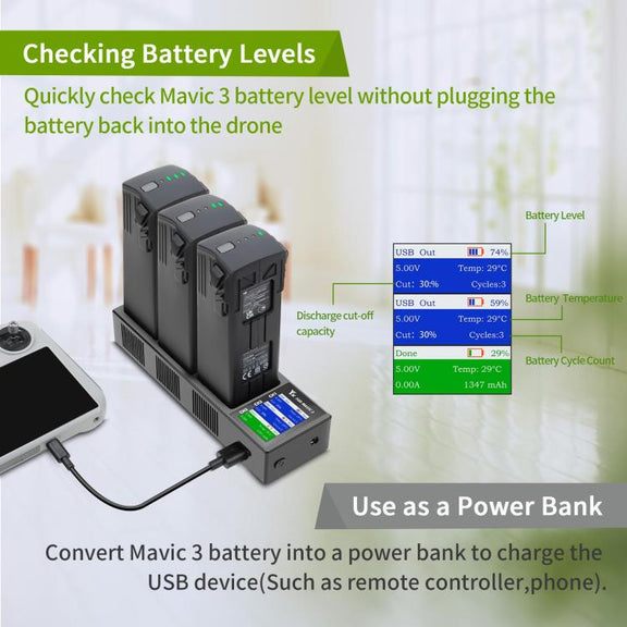 For DJI Mavic 3 YX Battery Charger Discharger Hub 3-in-1 Smart Charging Station With Color Screen US Plug