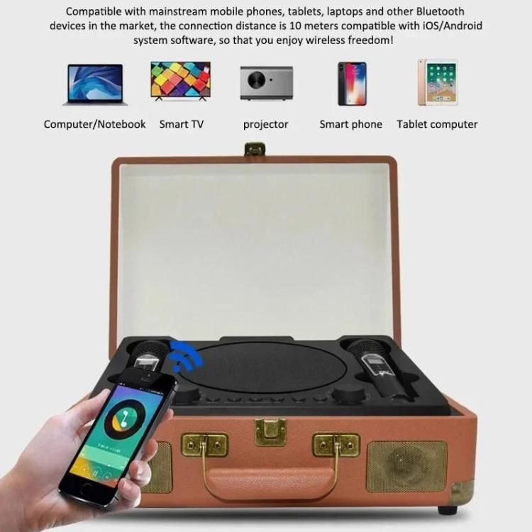 SDRD Wooden Box Karaoke Machine With Wireless Dual Mics All-In-One Speaker System Supports U Disk/TF Card(Brown)