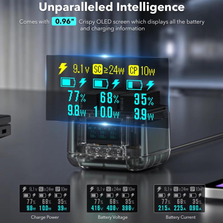 For Insta360 Ace Pro/Ace Pro 2 Battery Charger 3-Channel Fast Charging Station With OLED Screen(Transparent Black) - free shipping - PMC TechLife - Order now!