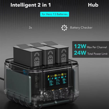 For GoPro HERO13 Black Triple Battery Charger Smart Charging Dock With OLED Display(Transparent Black) - free shipping - PMC Jewellery - Order now!