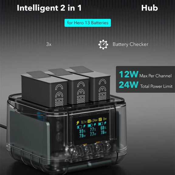 For GoPro HERO13 Black Triple Battery Charger Smart Charging Dock With OLED Display(Transparent Black)