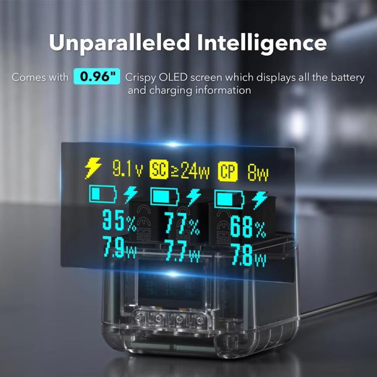 For GoPro HERO13 Black Triple Battery Charger Smart Charging Dock With OLED Display(Transparent Black)