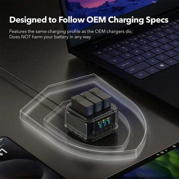 For GoPro HERO13 Black Triple Battery Charger Smart Charging Dock With OLED Display(Transparent Black)