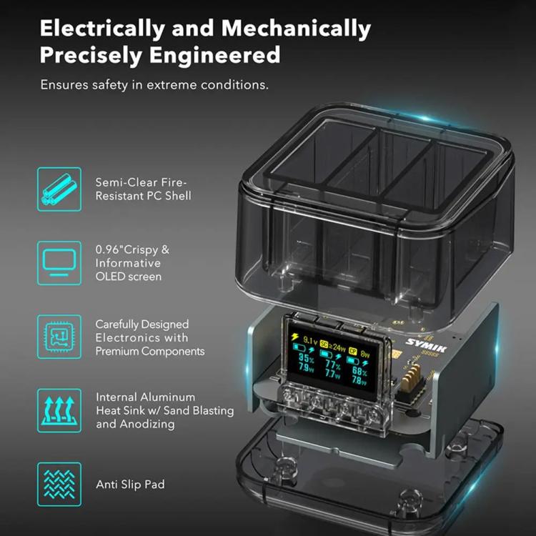For GoPro HERO13 Black Triple Battery Charger Smart Charging Dock With OLED Display(Transparent Black)