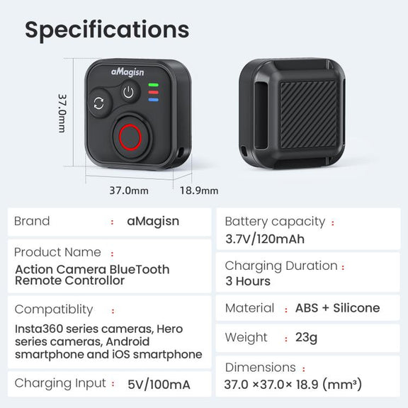 aMagisn Wireless Bluetooth Remote Control for Insta360, GoPro Hero Cameras & Smartphones
