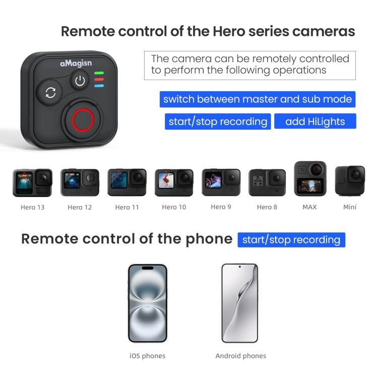 aMagisn Wireless Bluetooth Remote Control for Insta360, GoPro Hero Cameras & Smartphones - 50m Long Range - free shipping - PMC Jewellery - Order now!
