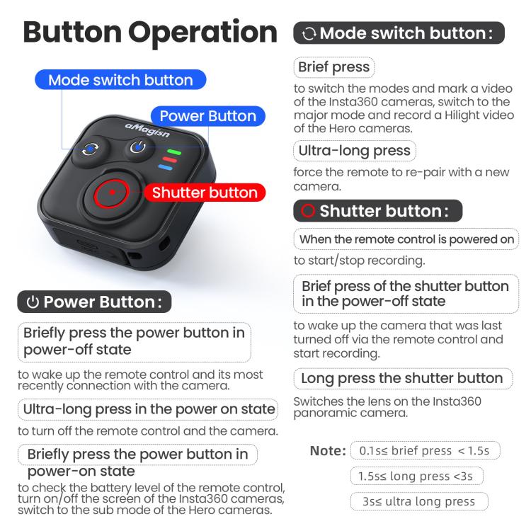 aMagisn Wireless Bluetooth Remote Control for Insta360, GoPro Hero Cameras & Smartphones