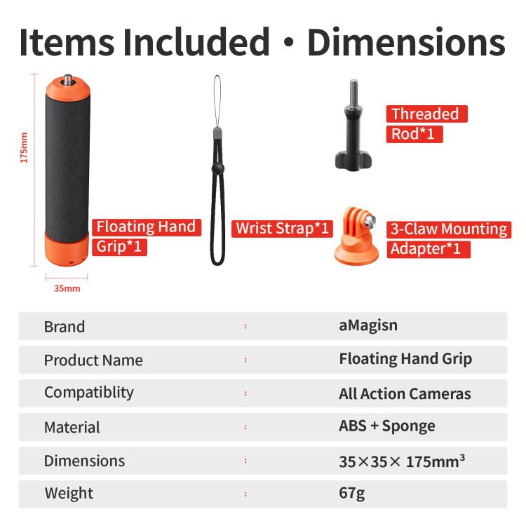 aMagisn Universal Floating Hand Grip for Action Cameras with Triple Claw & 1/4-inch Screw Mount(Black Orange)