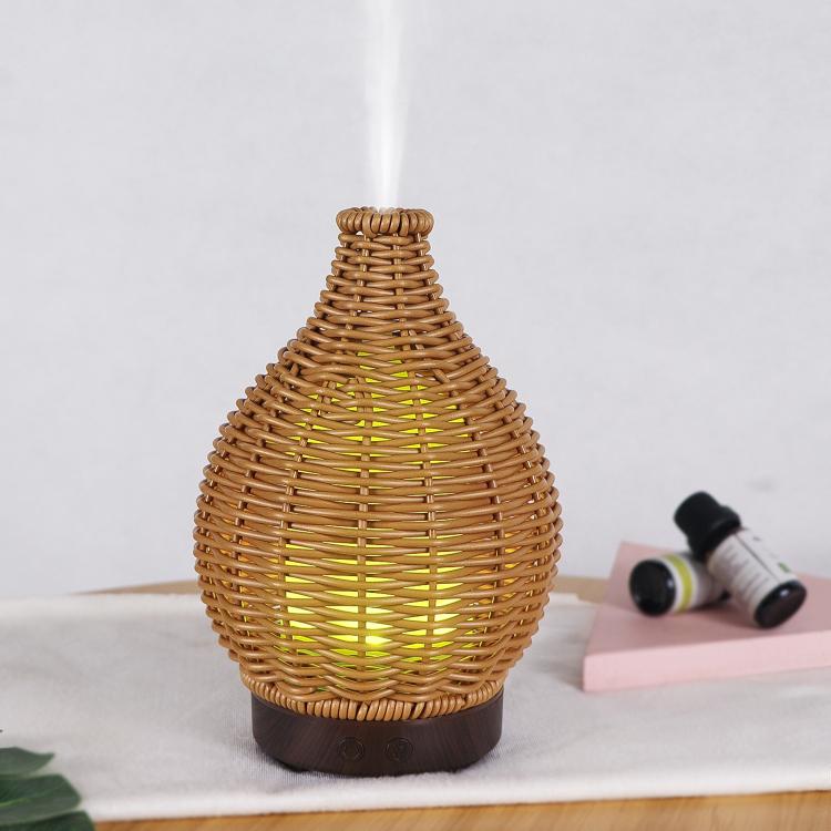 5V USB 100ML Hollow Rattan Ultrasonic Humidifier & Aromatherapy Diffuser with 7-Color LED Lights(Light Wood Grain)