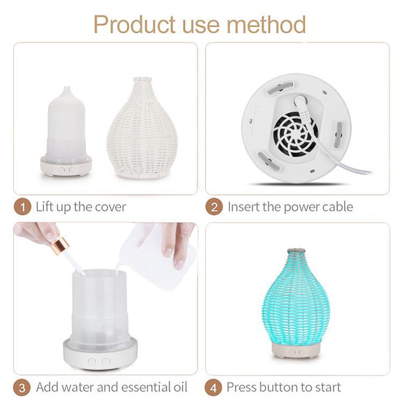 5V USB 100ML Hollow Rattan Ultrasonic Humidifier & Aromatherapy Diffuser with 7-Color LED Lights(White)