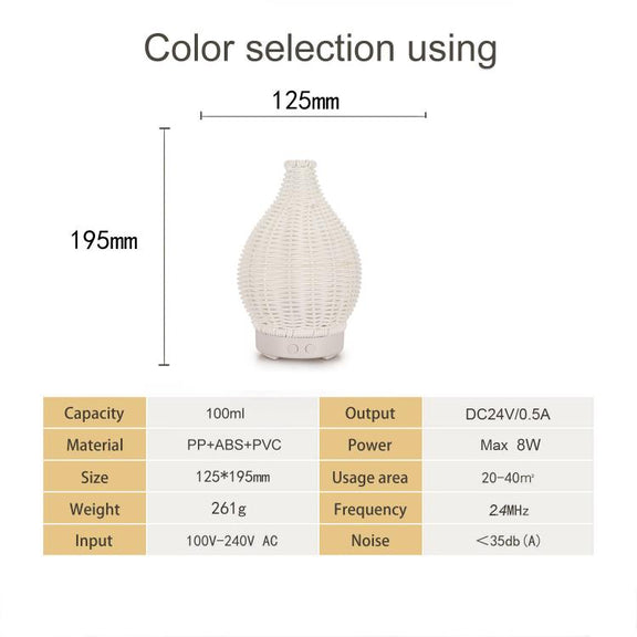 24V EU Plug 100ML Hollow Rattan Ultrasonic Humidifier & Aromatherapy Diffuser with 7-Color LED Lights(Light Wood Grain)