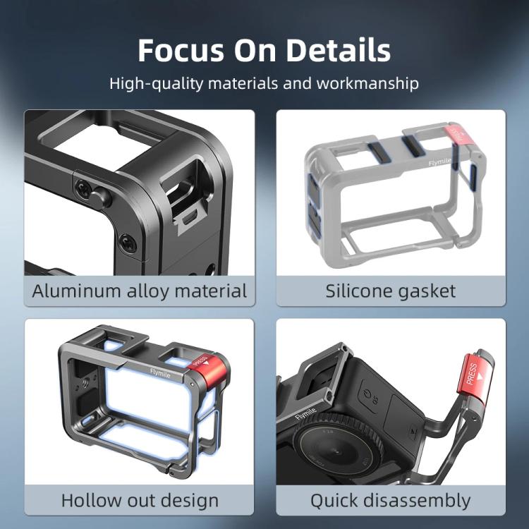 For DJI Action 5 Pro/Action 4/Action 3 Flymile Aluminum Alloy Camera Cage Protective Metal Frame(Metal Color)