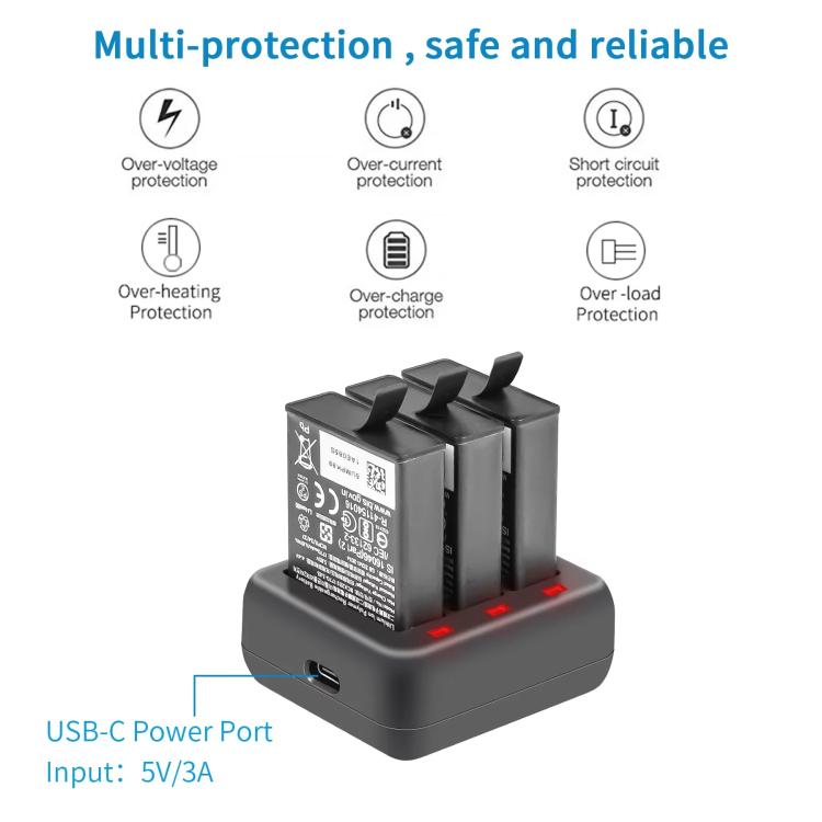 For DJI Osmo Action 4/Action 3 YX 3-Slot Battery Charger Hub Compact Charging Station(Black)