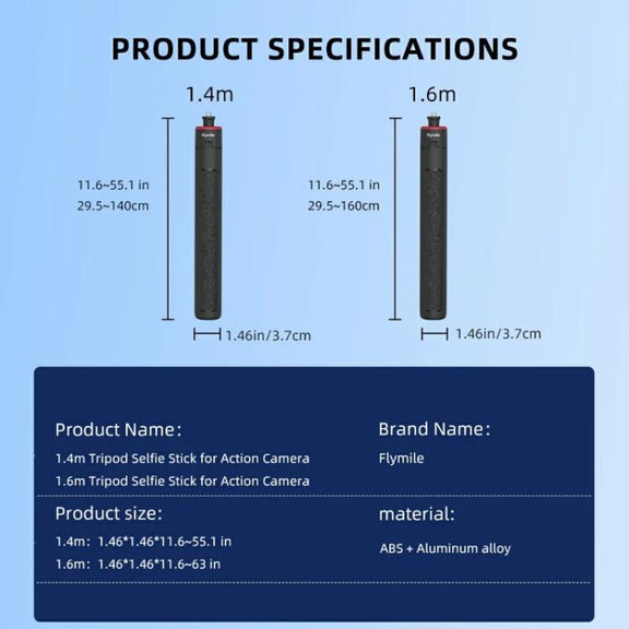 Flymile 1.6m Extendable Selfie Stick Tripod For Action Cameras One-Button Quick Setup Monopod With Wide-Angle View