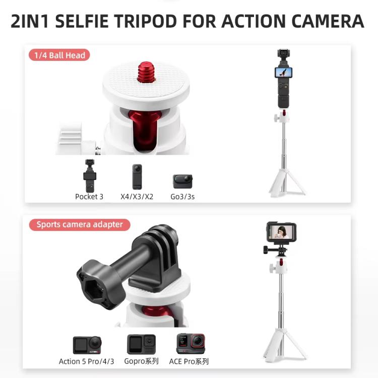 Flymile 15.8-30.8cm Tripod Selfie Stick for Action Cameras With 360-degree Adjustable Ball Head & Cold Shoe(White)