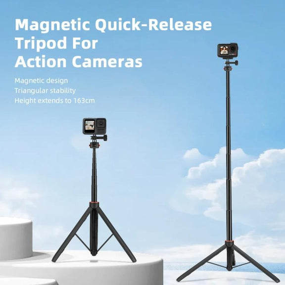 Flymile 1.63m Magnetic Quick-Release Tripod Selfie Stick for Action Cameras for Vlogging, Outdoor Sports(Black)