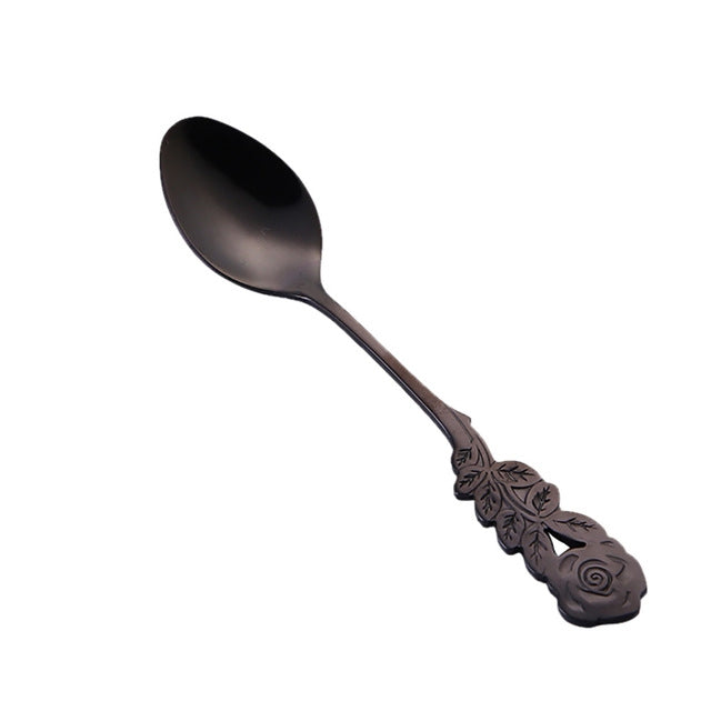 Small Mini Stainless Steel Rose Flower Coffee Spoon Strring Spoon Teaspoon Tea Spoon Dessert Spoon Long Handle Tableware(Black Gold) - free shipping - PMC TechLife - Order now!