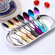 Small Mini Stainless Steel Rose Flower Coffee Spoon Strring Spoon Teaspoon Tea Spoon Dessert Spoon Long Handle Tableware(Black Gold)