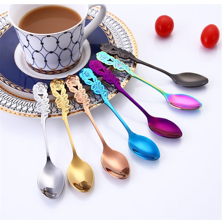 Small Mini Stainless Steel Rose Flower Coffee Spoon Strring Spoon Teaspoon Tea Spoon Dessert Spoon Long Handle Tableware(Black Gold) - free shipping - PMC TechLife - Order now!