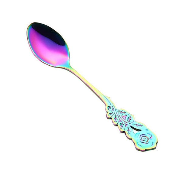 Small Mini Stainless Steel Rose Flower Coffee Spoon Strring Spoon Teaspoon Tea Spoon Dessert Spoon Long Handle Tableware(Multicolor)