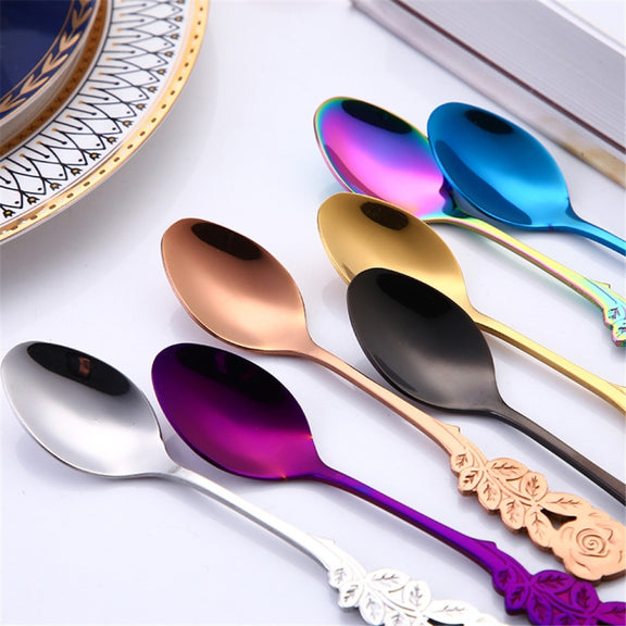 Small Mini Stainless Steel Rose Flower Coffee Spoon Strring Spoon Teaspoon Tea Spoon Dessert Spoon Long Handle Tableware(Multicolor)