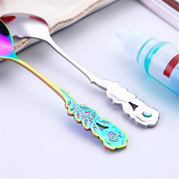Small Mini Stainless Steel Rose Flower Coffee Spoon Strring Spoon Teaspoon Tea Spoon Dessert Spoon Long Handle Tableware(Multicolor)