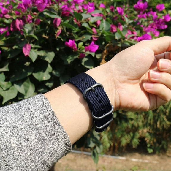 Washable Nylon Canvas Watchband, Band Width:24mm(Dark Blue with Silver Ring Buckle)