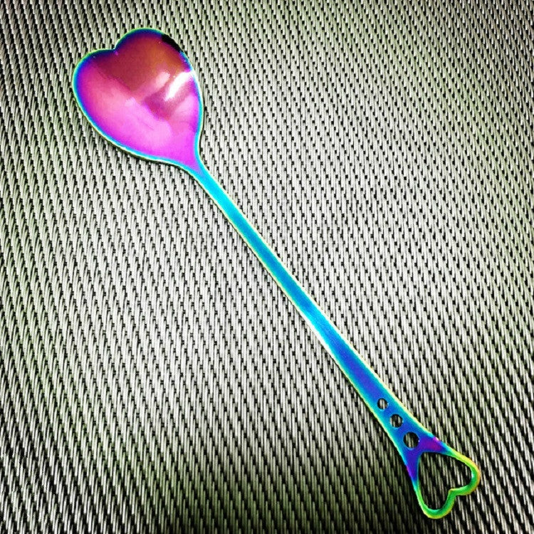 2 PCS Stainless Steel Spoon Portable Metal Coffee Teaspoon Creative Love Heart Shaped Wedding Party Gift Dinnerware, Color:Colorful Porous Love - free shipping - PMC TechLife - Order now!