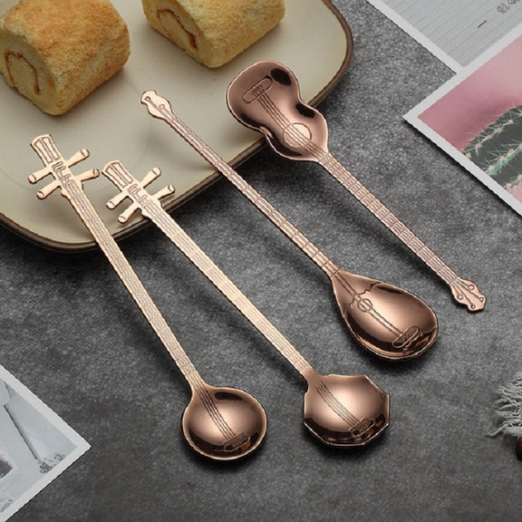 Stainless Steel Coffee Mixing Spoon Creative Musical Instrument Shape Spoon, Style:Guitar, Color:Titanium Gold