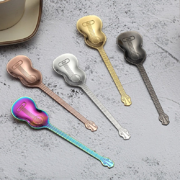 Stainless Steel Coffee Mixing Spoon Creative Musical Instrument Shape Spoon, Style:Lute, Color:Titanium Black
