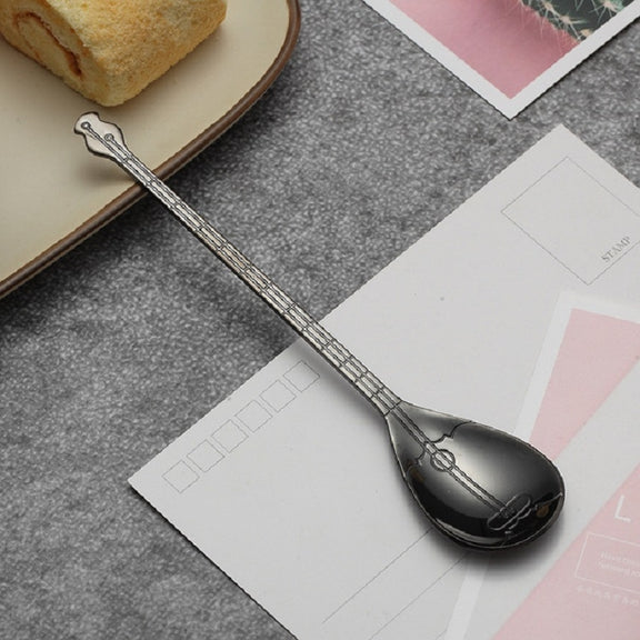 Stainless Steel Coffee Mixing Spoon Creative Musical Instrument Shape Spoon, Style:Lute, Color:Titanium Black