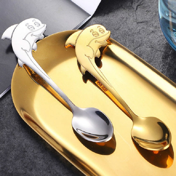 2 PCS Stainless Steel Dolphin Shape Cartoon Coffee Stirring Spoon Ice Cream Spoon Child Feeding Spoon(Gold)