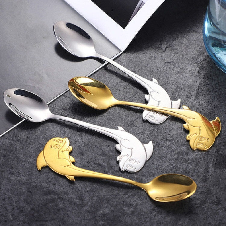 2 PCS Stainless Steel Dolphin Shape Cartoon Coffee Stirring Spoon Ice Cream Spoon Child Feeding Spoon(Gold)