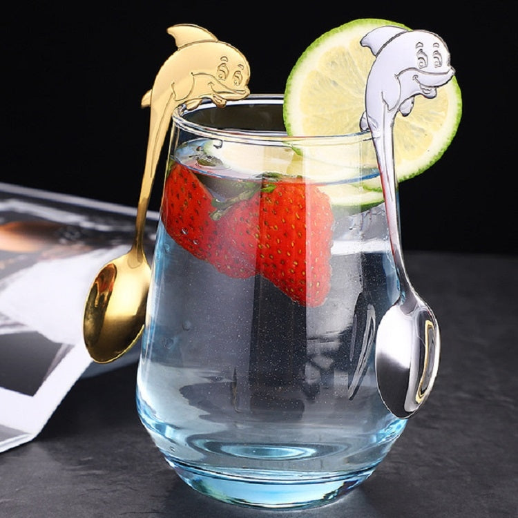 2 PCS Stainless Steel Dolphin Shape Cartoon Coffee Stirring Spoon Ice Cream Spoon Child Feeding Spoon(Gold)