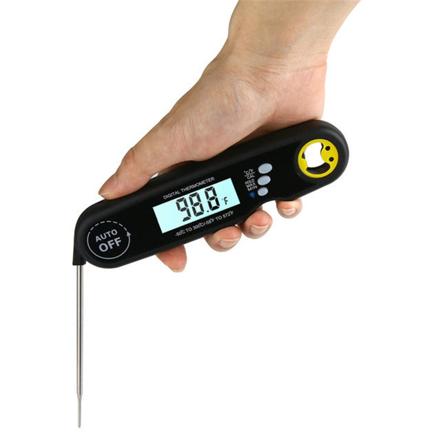 Foldable Probe Water-resistant Food Thermometer Kitchen Barbecue Fast Temperature Measurement Digital Display Electronic Thermometer(Black)