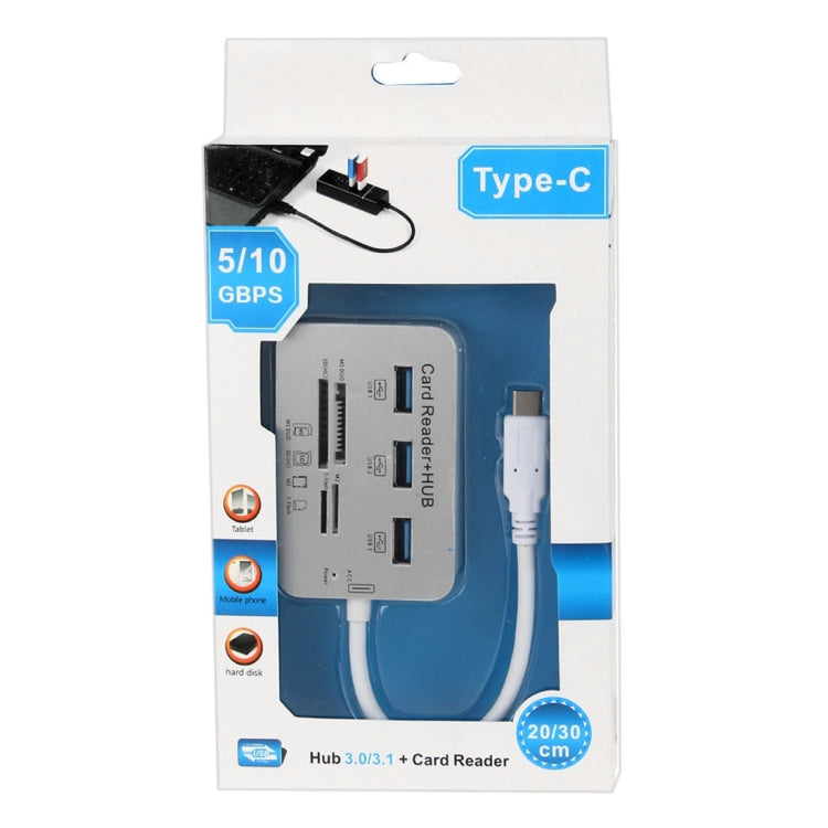USB 3.1 Type-C COMBO 3 Ports HUB + MS DUO / SD(HC) / M2 / T-Flash Card Reader with LED Indication(Silver) - Card Reader by PMC Jewellery | Online Shopping South Africa | PMC Jewellery | Buy Now Pay Later Mobicred