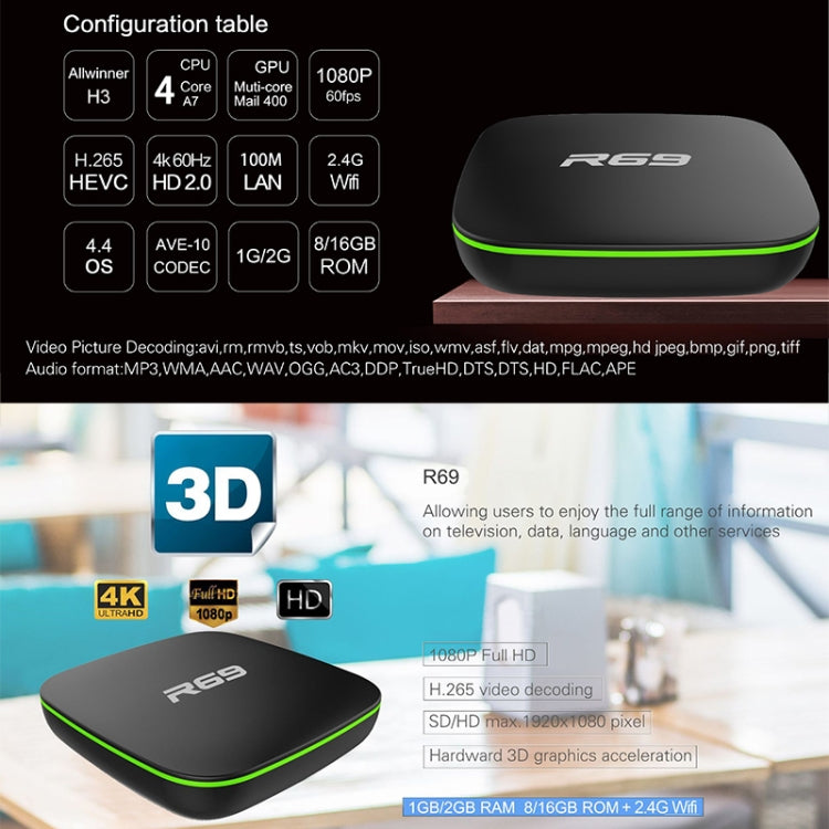 R69 1080P HD Smart TV BOX Android 4.4 Media Player with Remote Control, Quad Core Allwinner H3, RAM: 1GB, ROM: 8GB, 2.4G WiFi, LAN, UK Plug